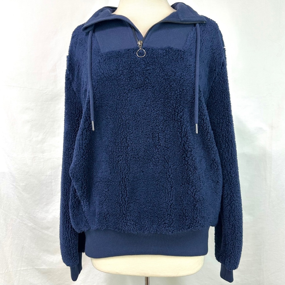 SWEATY BETTY NEW Sherpa Half Zip Sweatshirt Navy Blue Pullover Women's L‎